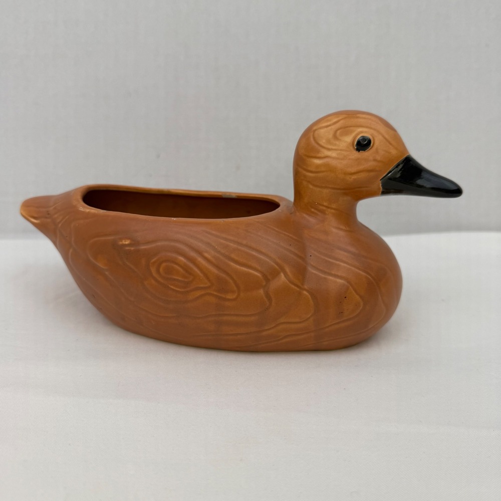 Vintage Relpo Ceramic Duck Planter Cottagecore Wood Grain Texture Made in Japan